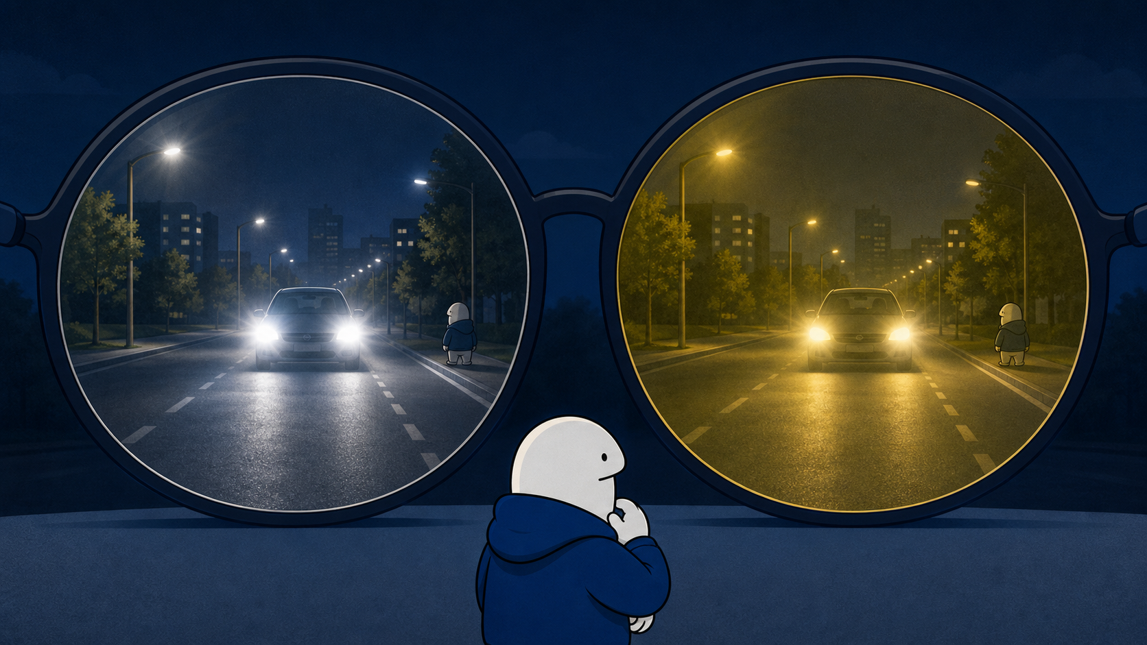 Comparación ilustrada de una carretera nocturna vista a través de un lente transparente y uno amarillo, con el mismo vehículo y peatón