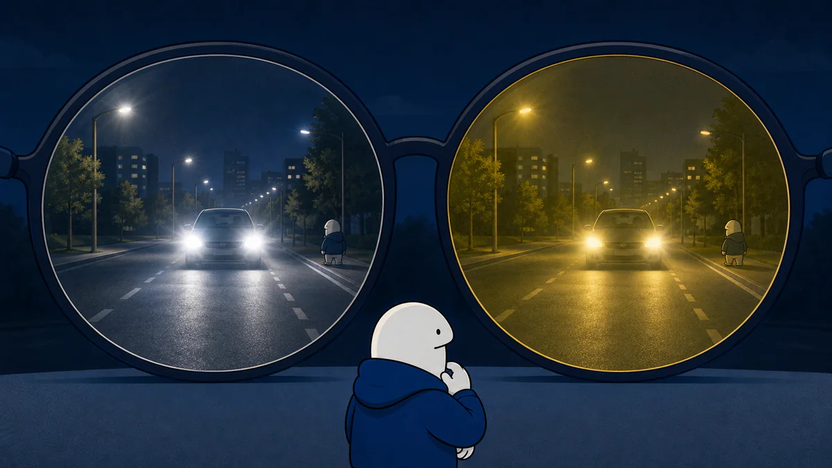 Comparación ilustrada de una carretera nocturna vista a través de un lente transparente y uno amarillo, con el mismo vehículo y peatón