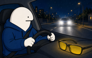 Marsh conduce de noche frente al deslumbramiento de otro vehículo, con unos lentes amarillos en primer plano
