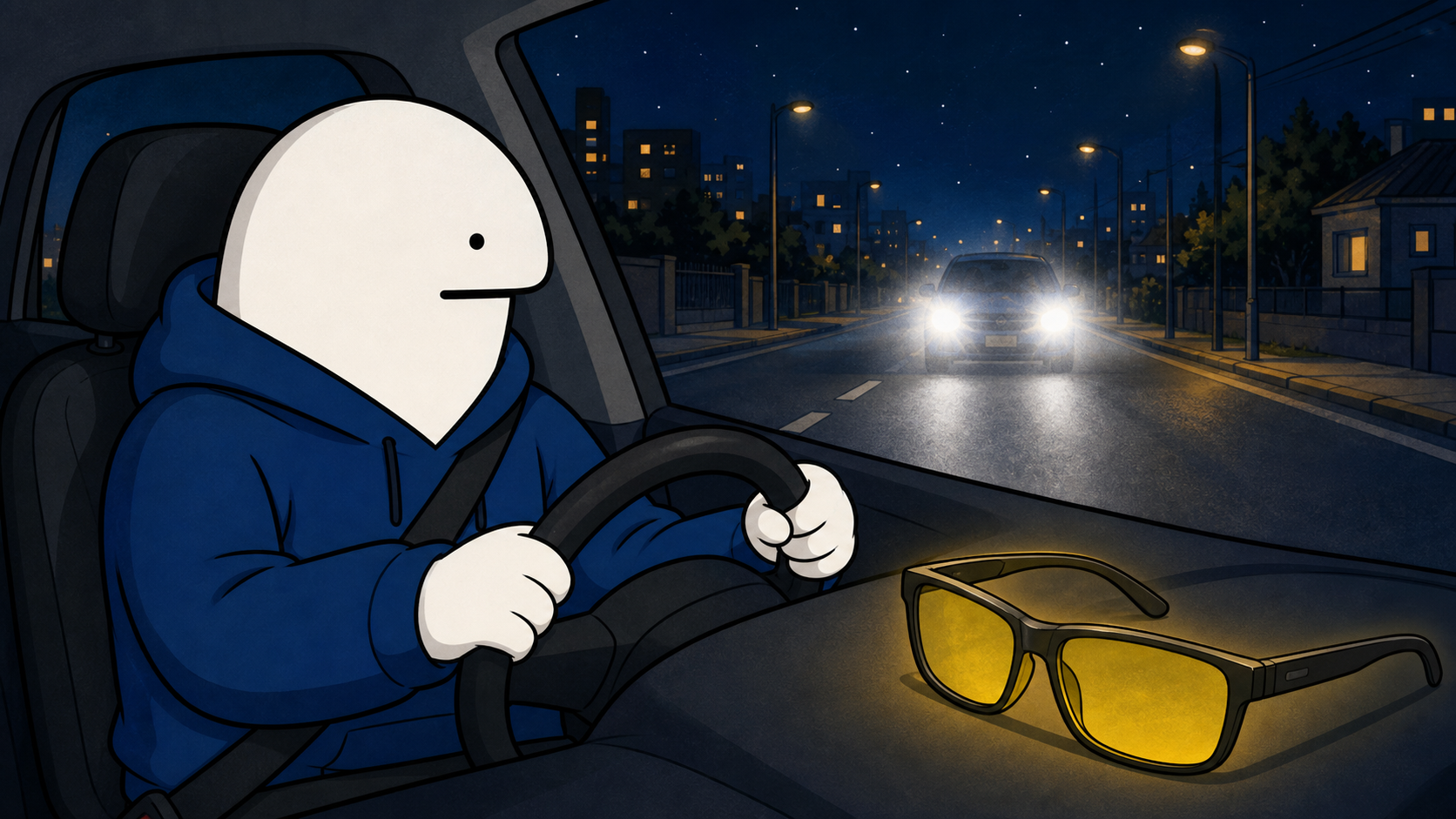 Marsh conduce de noche frente al deslumbramiento de otro vehículo, con unos lentes amarillos en primer plano